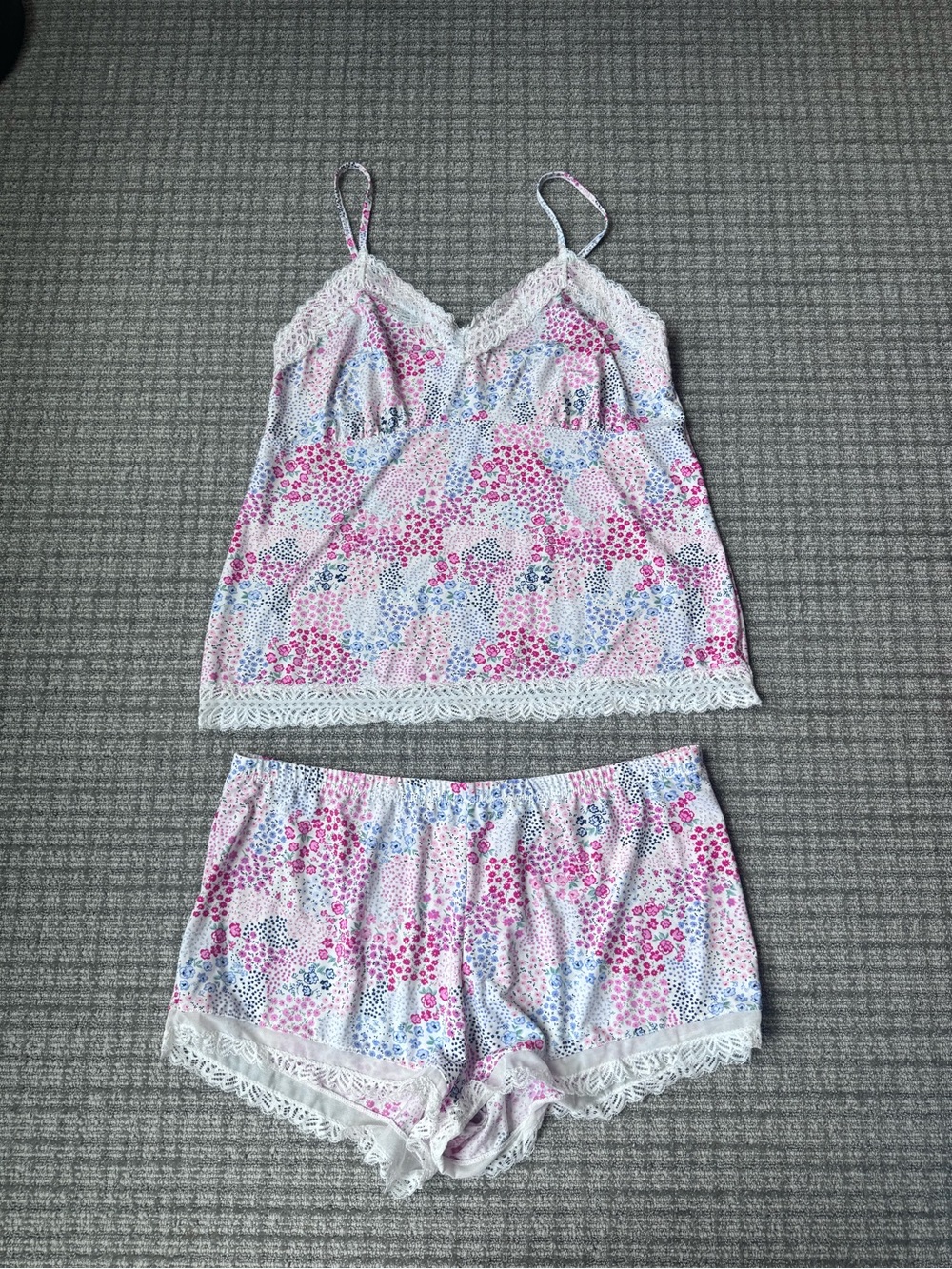 Jessica Simpson Pink & Blue Floral Lace-Trim Pajama Shorts and TankTop Set